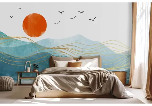Carta da parati montagne astratte con dettagli oro e uccelli