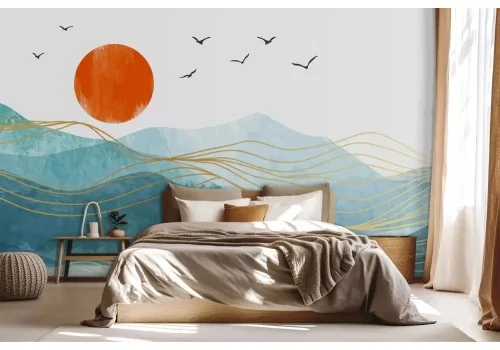 Carta da parati montagne con oro e uccelli