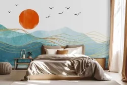 Carta da parati montagne astratte con dettagli oro e uccelli