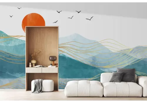 Carta da parati montagne astratte con dettagli oro e uccelli 2