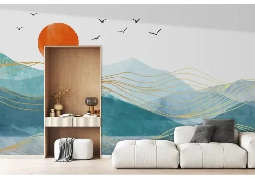 Carta da parati montagne astratte con dettagli oro e uccelli 2