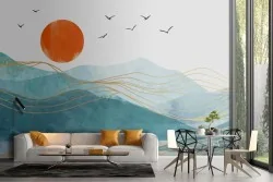 Carta parati montagne blu con dettagli oro