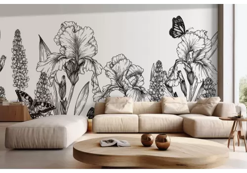 Carta da parati fiori bianco e nero stilizzati