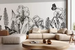 Carta da parati fiori bianco e nero stilizzati