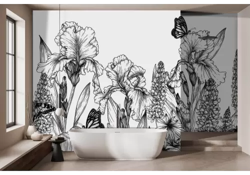 Carta da parati fiori bianco e nero stilizzati 2