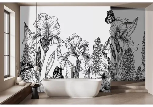 Carta da parati fiori bianco e nero stilizzati 2