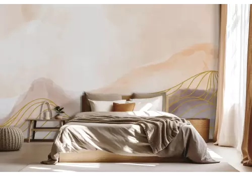 Carta da parati montagna stilizzata oro e tonalità pastello