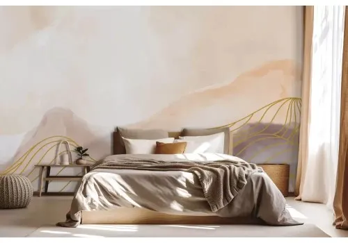 Carta da parati montagna stilizzata oro e tonalità pastello