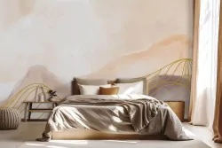 Carta da parati montagna stilizzata oro e tonalità pastello