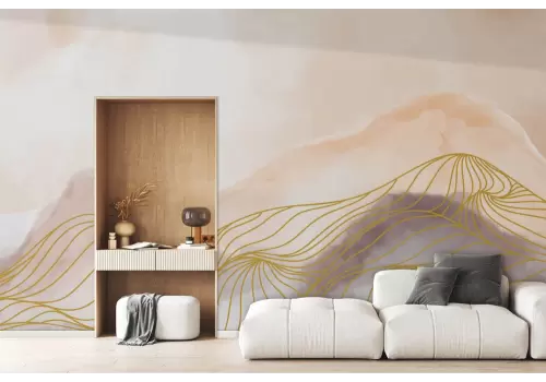 Carta da parati montagna stilizzata oro e tonalità pastello 2