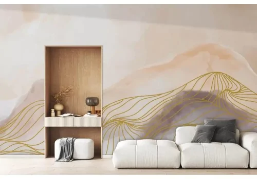 Carta da parati montagna stilizzata oro e tonalità pastello 2
