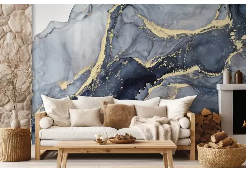 Carta da parati marmo sfumature blu con dettagli oro