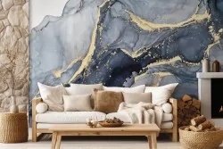 Carta da parati marmo sfumature blu con dettagli oro