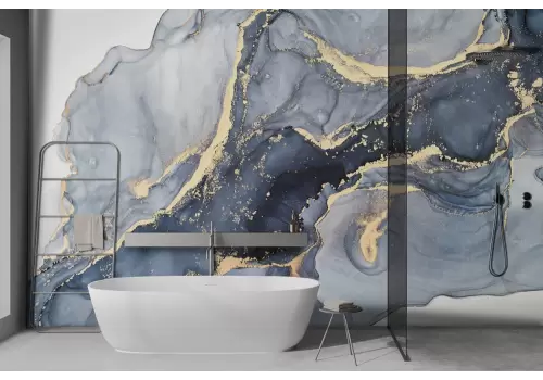 Carta da parati marmo sfumature blu con dettagli oro 2