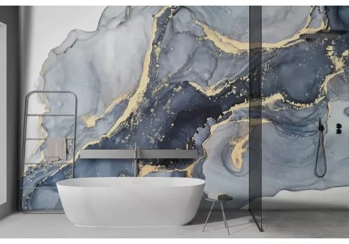 Carta da parati marmo sfumature blu con dettagli oro 2