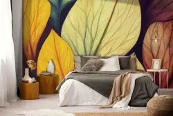 Carta da parati foglie autunno in casa con colori caldi e vivaci