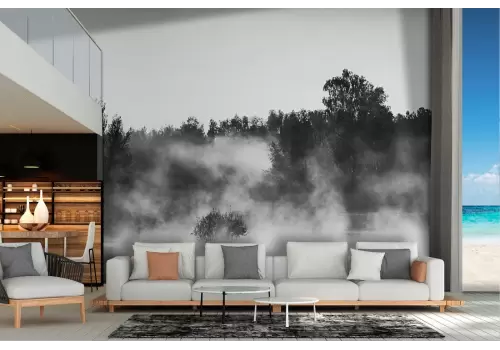 Carta da Parati lago con foresta paesaggio bianco e nero