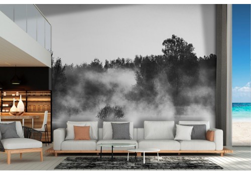 Wallpaper lake with forest landscape black and white