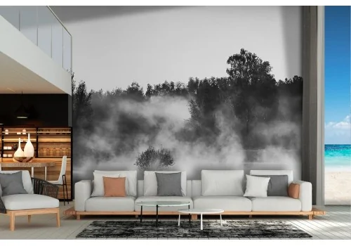 Wallpaper lake with forest landscape black and white