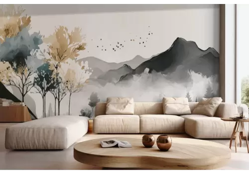 Carta da parati montagna con bosco acquerello