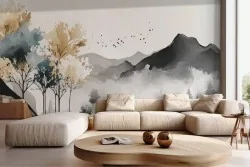 Carta da parati montagna con bosco acquerello