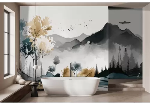 Carta da parati montagna con bosco acquerello 2