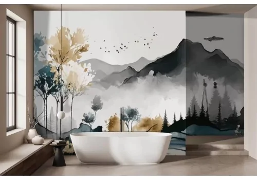 Carta da parati montagna con bosco acquerello 2