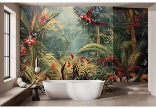 Carta da parati giungla tropicale con piante e animali