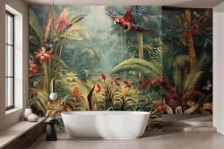 Carta da parati giungla tropicale con piante e animali