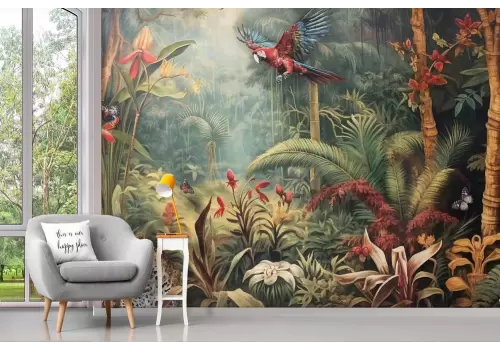 Carta da parati giungla tropicale con piante e animali 2