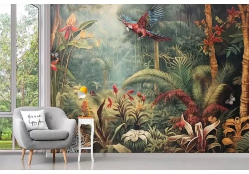 Carta da parati giungla tropicale con piante e animali 2