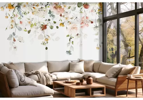 Carta da parati fiori sospesi su fondo bianco