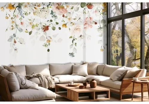 Carta da parati fiori sospesi fondo bianco