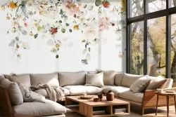 Carta da parati fiori sospesi su fondo bianco