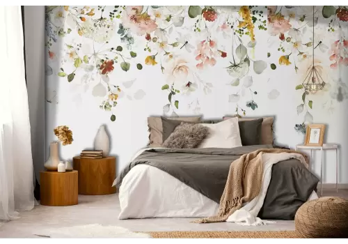 Carta da parati fiori sospesi su fondo bianco 2