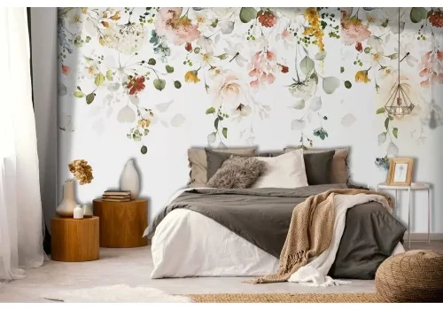 Carta da parati fiori sospesi su fondo bianco 2