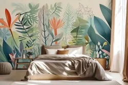 Porta la delicatezza dello stile acquerello nella tua camera da letto con la carta parati piante