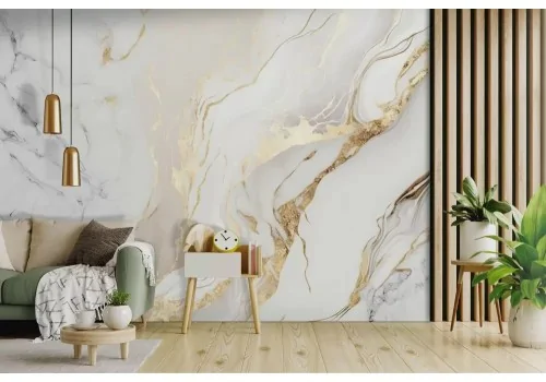 Carta da parati effetto marmo bianco e oro