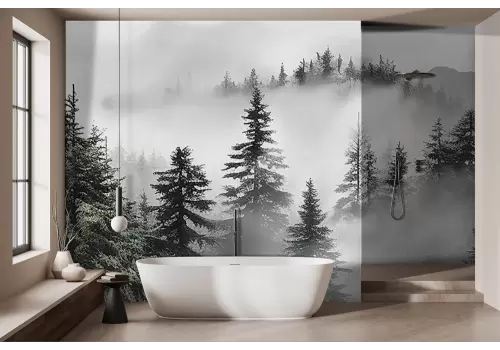 Carta da parati bosco avvolto nella nebbia