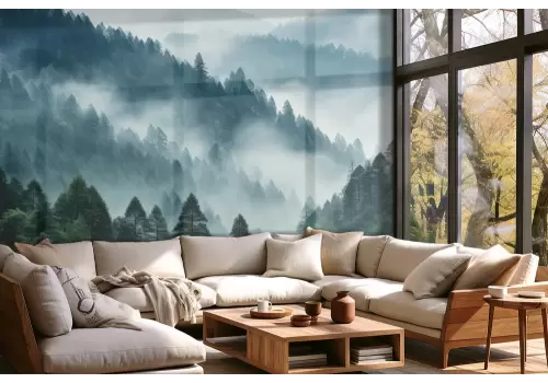 Carta da parati bosco verde con nebbia