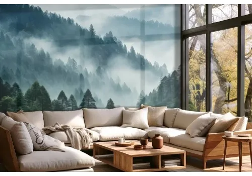 Carta da parati bosco verde con nebbia