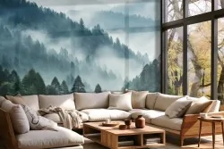 Carta da parati bosco verde con nebbia