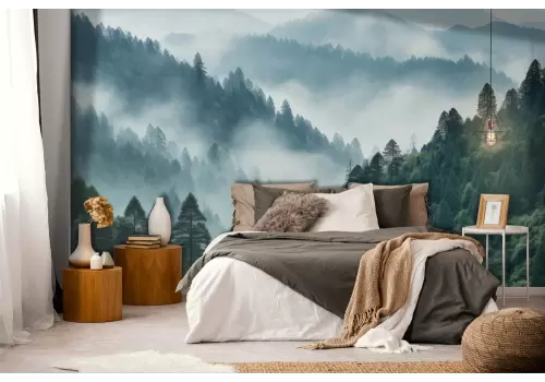 Carta da parati bosco verde con nebbia 2