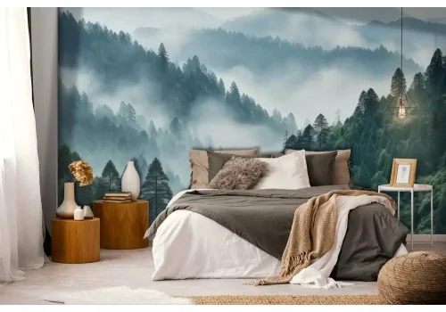 Carta da parati bosco verde con nebbia 2