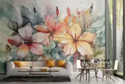 Pareti fresche e vivaci con carta parati acquerello per il soggiorno