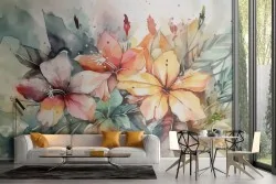 Pareti fresche e vivaci con carta parati acquerello per il soggiorno