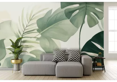 Carta da parati foglie tropicali tonalità del verde tenui acquerello