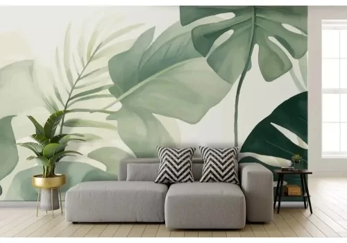 Carta da parati foglie tropicali verde tenue acquerello