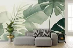 Carta da parati foglie tropicali tonalità del verde tenui acquerello