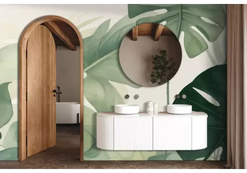 Carta da parati foglie tropicali tonalità del verde tenui acquerello 2